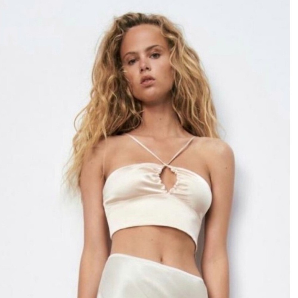Zara Crop Top Women XS Champagne Beige NWT Satin Keyhole Cutout Party Date Night